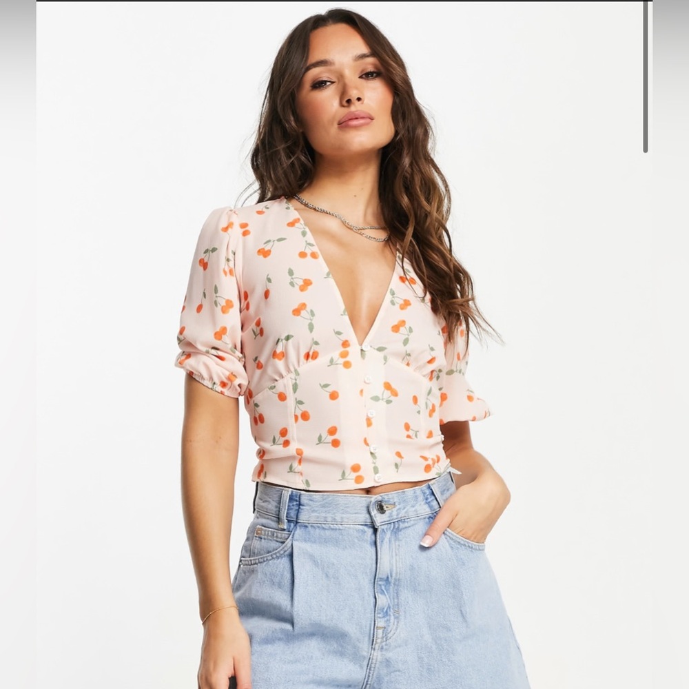 ASOS DESIGN Cherry Print Tea Blouse with Tie Back